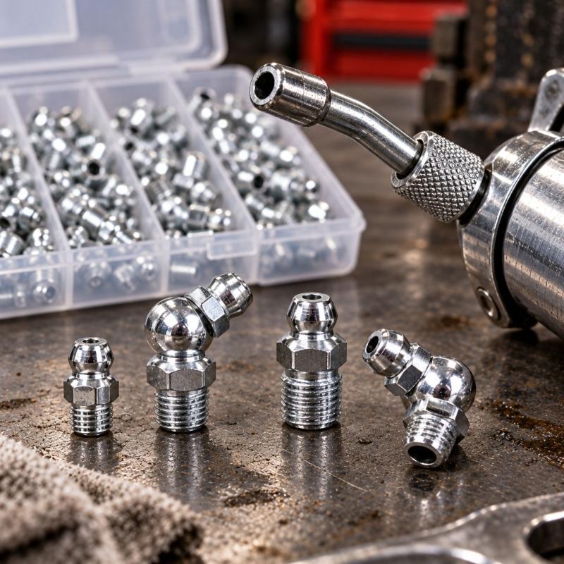 Grease Connection Fitting Assortment with Six-Sided Installation Bases for Machinery Lubrication Maintenance Tasks