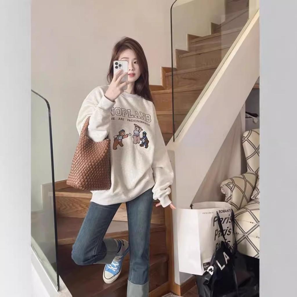 Crew neck sweater women's casual new bear foreign style loose love printing fleece thickened cover
