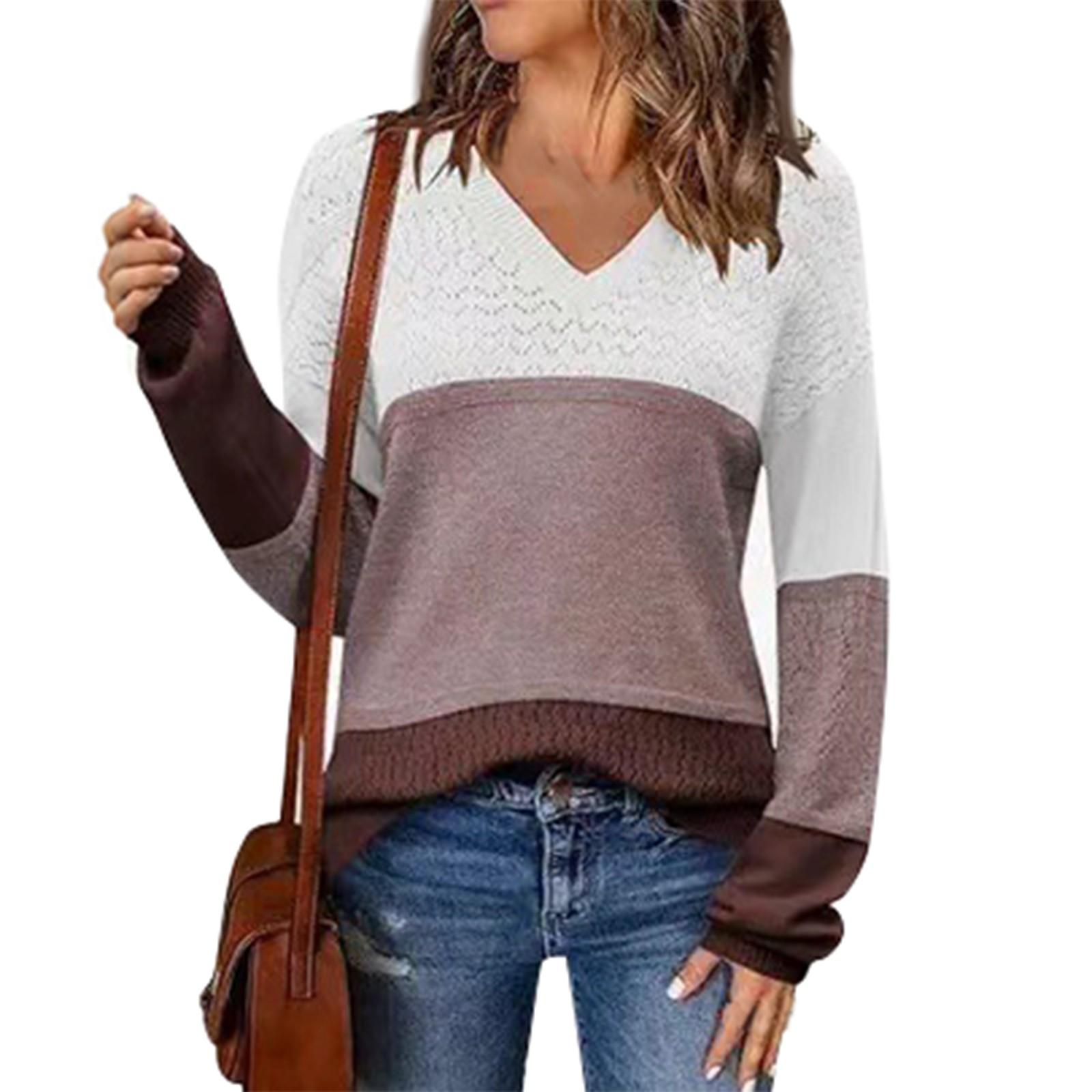 

Женские осенние модные свитера с V-образным вырезом, ребристый трикотаж, легкий повседневный свитер с длинным рукавом, вязаный крючком, свитер, топ S коричневый