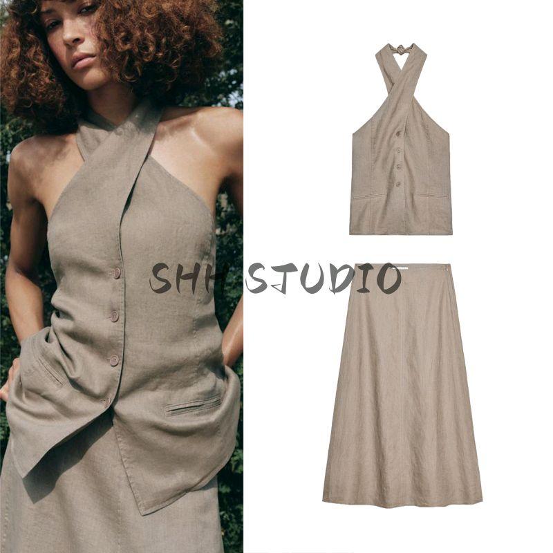 Linen Blended Hanging Collar Vest-Style Tops 2731097 Plaid A- Line Midi Skirt Long Skirt 2731076