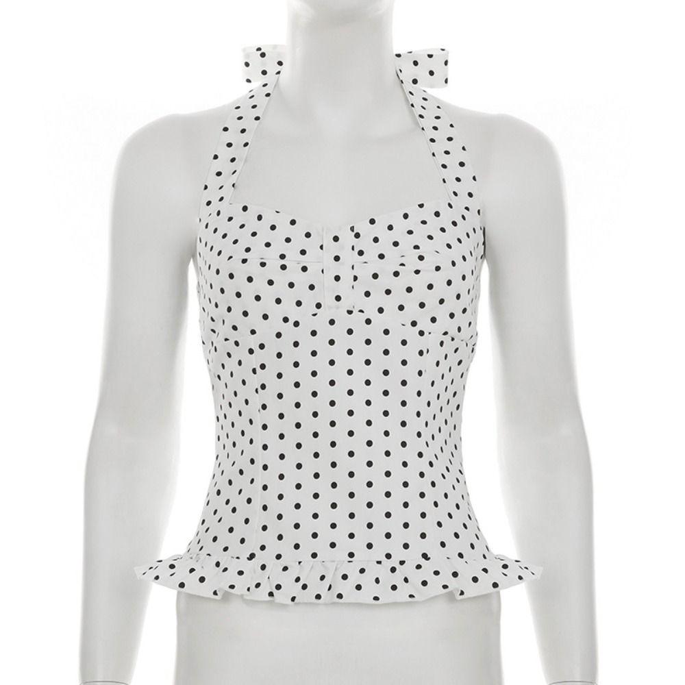 Lace Up Halter Ruffle Vest Top Slim Fit Women Camisole Comfortable Y2k Dot Crop Top Female