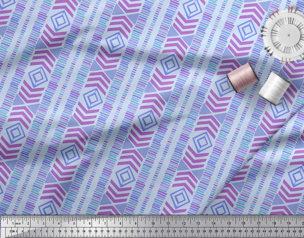 Soimoi Blue Japan Crepe Satin Fabric Aztec Geometric Print Fabric by the Metre 42 Inch