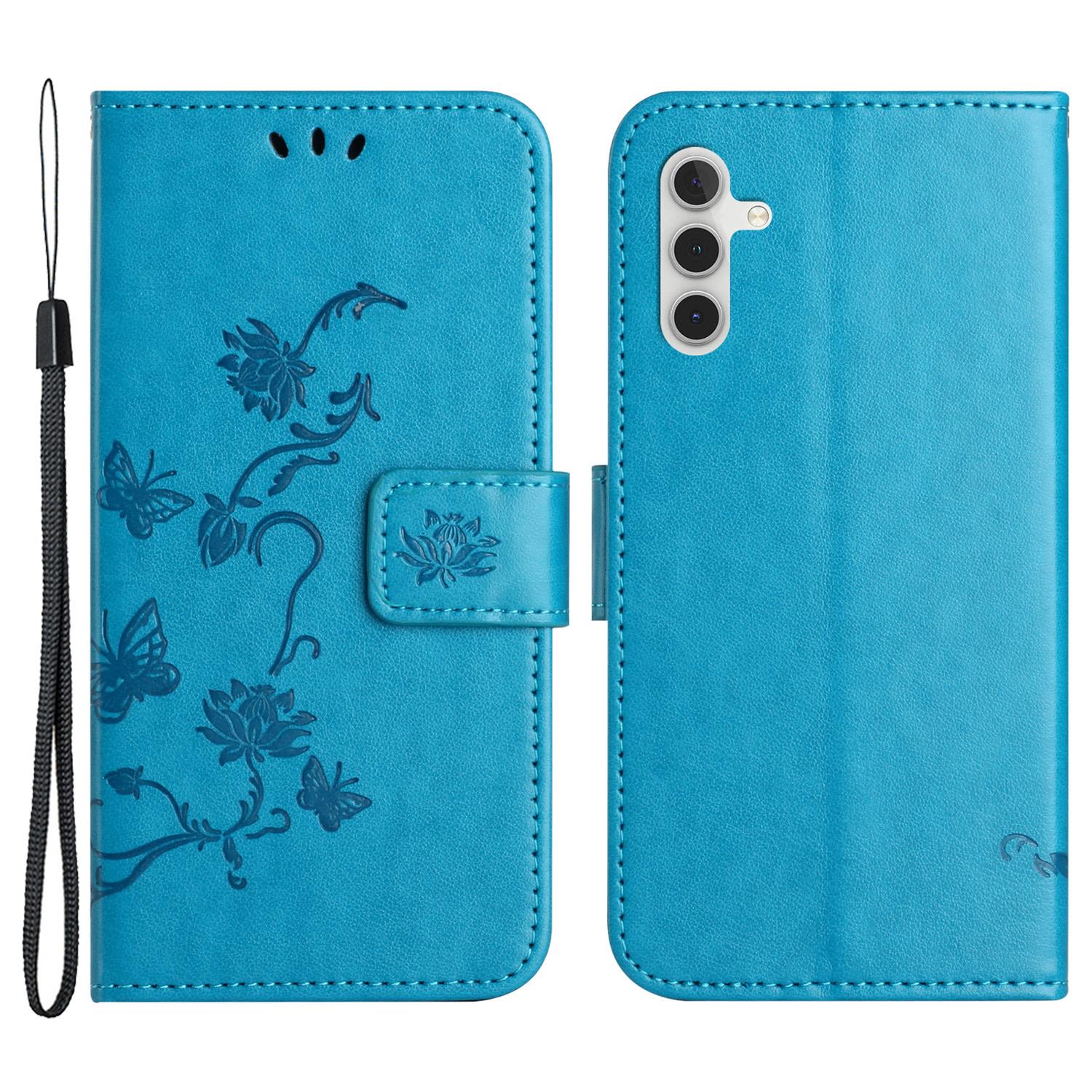 

For Samsung Galaxy A24 4G (162.1 x 77.6 x 8.3mm) Imprinted Butterfly Flower Phone Case PU Leather Wallet Stand Phone Cover with Strap Blue