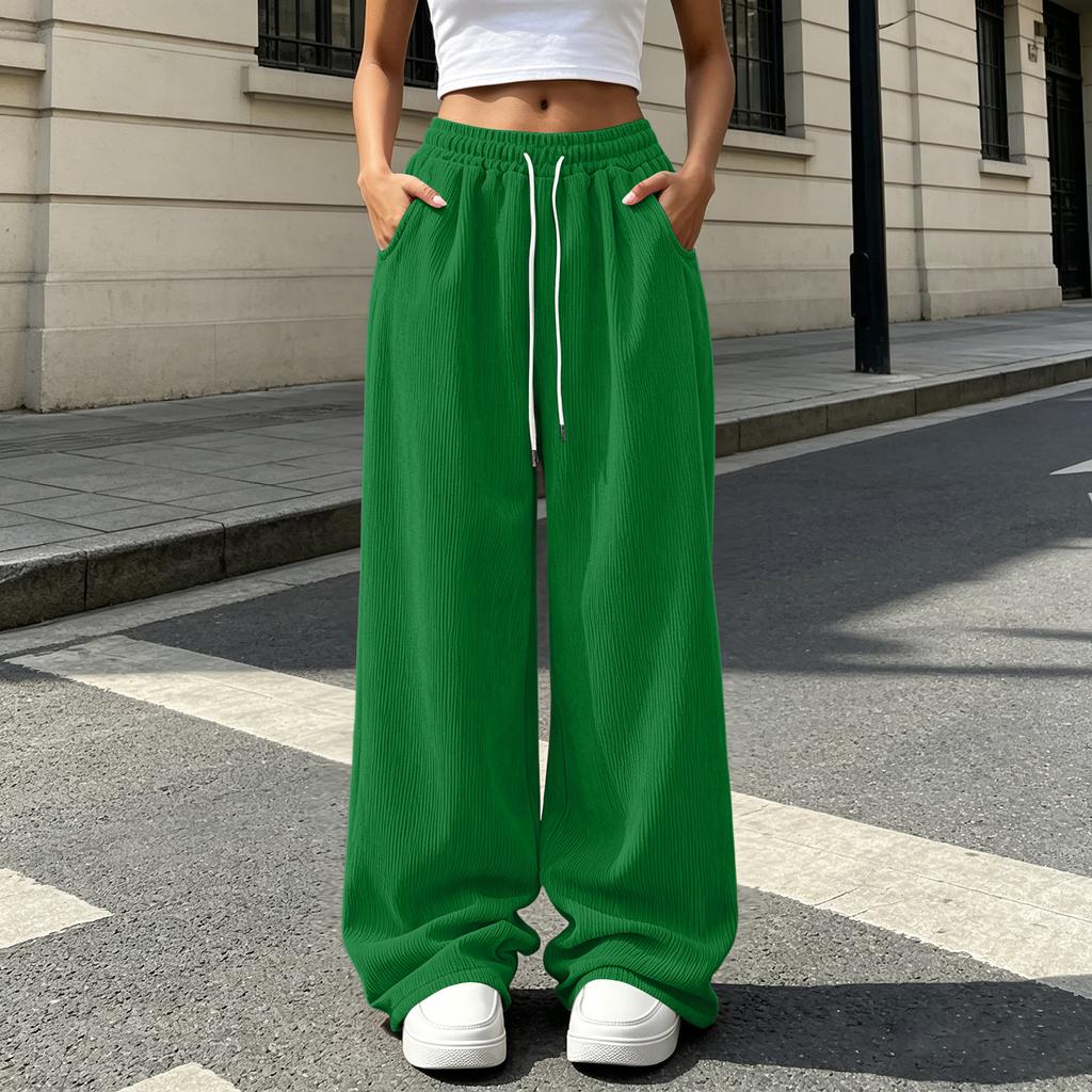 Women's Corduroy Drawstring Wide Leg Pants with Pockets - Loose Fit Casual Trousers for Daily Wear