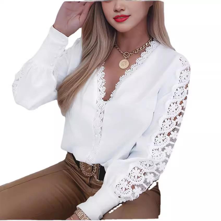Autumn Winter Long-sleeved V-neck Lace Patchwork Blouse Shirt for Women Fashion Clothing for Female