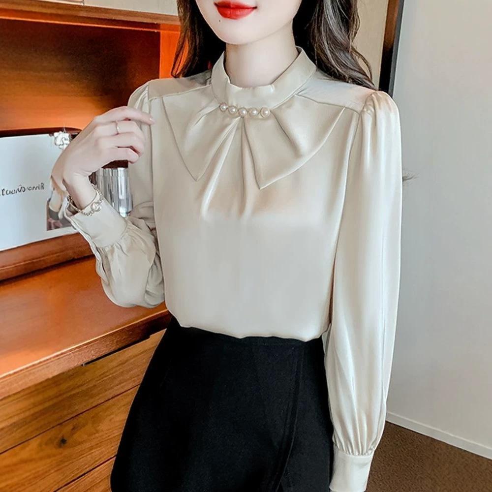 Fashionable Long-sleeved French Stand-up Collar Beaded Women's Shirt Bottoming Shirt Elegant Women's Blouse