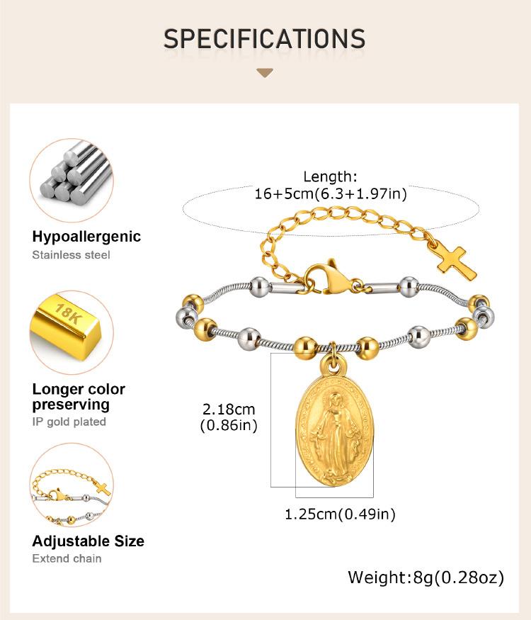 Two Tone Stainless Steel Virgin Mary Bracelet for Women, Rosary Beaded Cross Bracelets, Non Tarnish Religious Jewelry