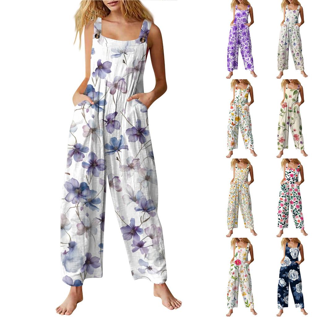 Women's Casual Jumpsuit Sleeveless Fashion Floral Print Jumpsuit