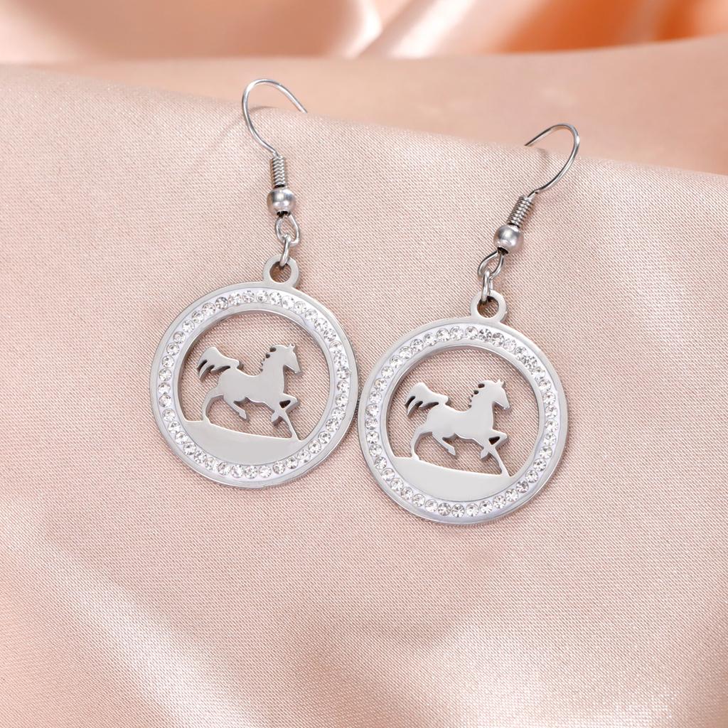 Cool Running Horse Drop Earrings Women Stainless Steel Clear Zircon Round Earrings Gold Animal Jewelry Gift