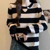 2026 Spring Elegant Striped Knitwear for Women - Plus Size Slimming Sweater Base Layer with Straight Shoulder Design