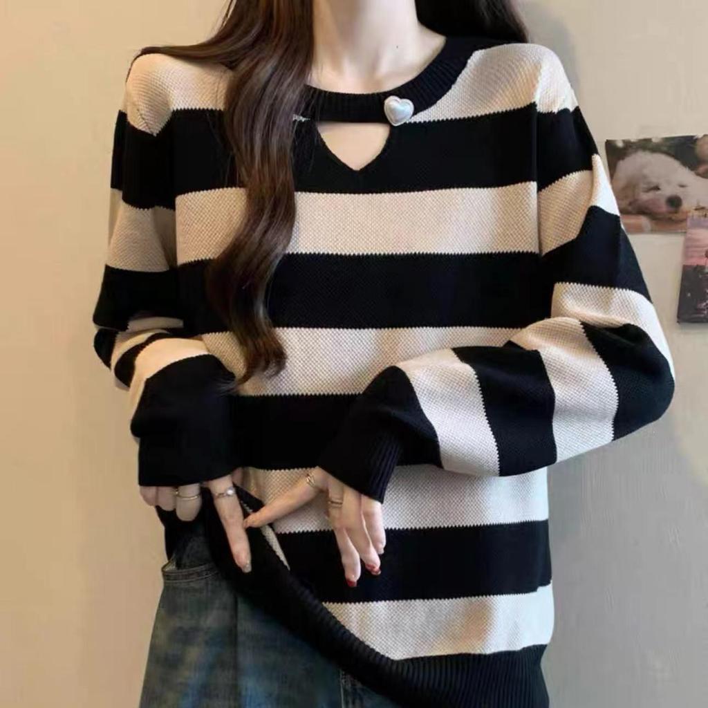 2026 Spring Elegant Striped Knitwear for Women - Plus Size Slimming Sweater Base Layer with Straight Shoulder Design