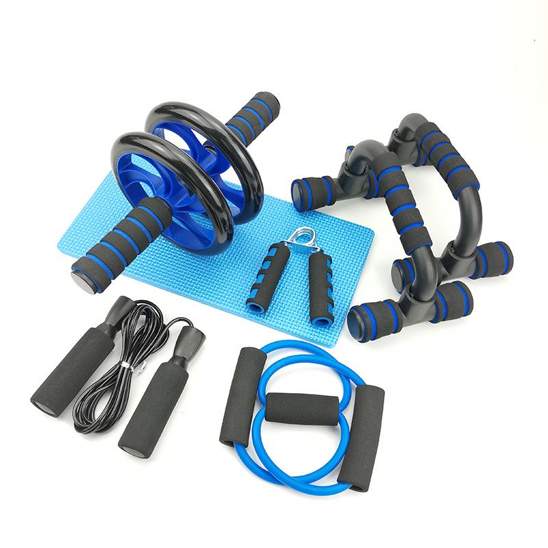 Set de Fitness de 5 Piezas: Rueda abdominal, Barras de flexión en forma de I, Cuerda para saltar, Herramientas de fuerza de agarre con mango de esponja