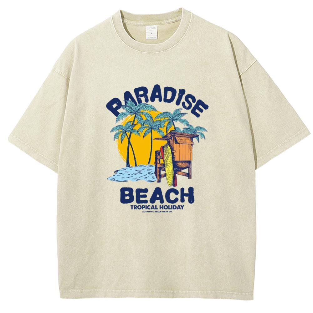 PARADISE BEACH Tryckt T-shirt Rundhals Pullover Topp Oversize Street Casual Stil Att Göra Gammalt Par Kort Ärm