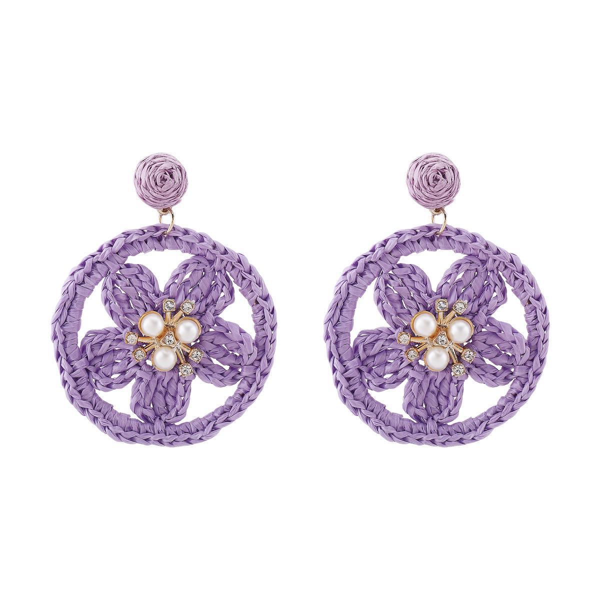 

Handmade Raffia Woven Floral Earrings Inlaid Rhinestone Pearl Beach Vacation Style Women Trendy Ear Studs Jewelry фіолетовий