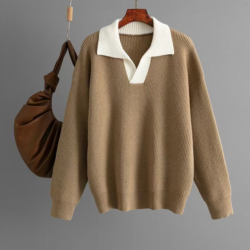 

Fashion Wind New Arrival Knitting Color Stitching Turnover Neck Loose Sweater Knited Color Blocked Sweater Khaki All yards