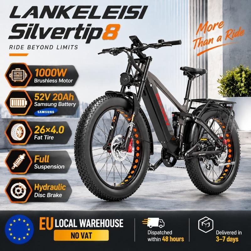 LANKELEISI Silvertip8 E-Bike con Ruote Grasse 26×4.0, Batteria 52V 20Ah, Motore 1000W, Freni Idraulici, Cambio Shimano a 7 Velocità, Tutto Terreno