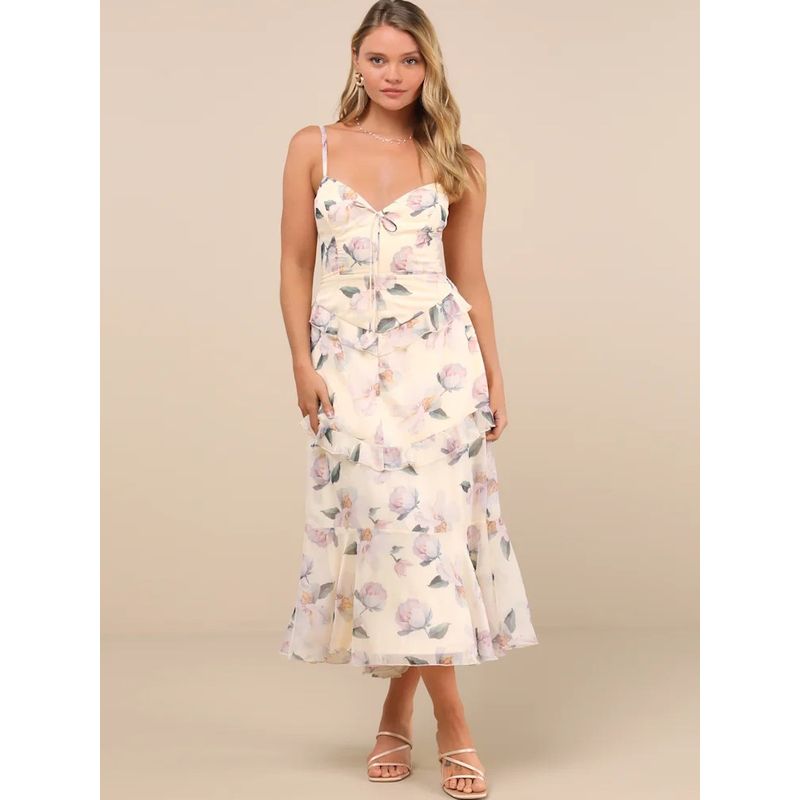Foreign Trade Order Lu's Sling Slimming Exquisite Print Backless Slimming Flower Pastoral Lady Temperament Fashion Dress