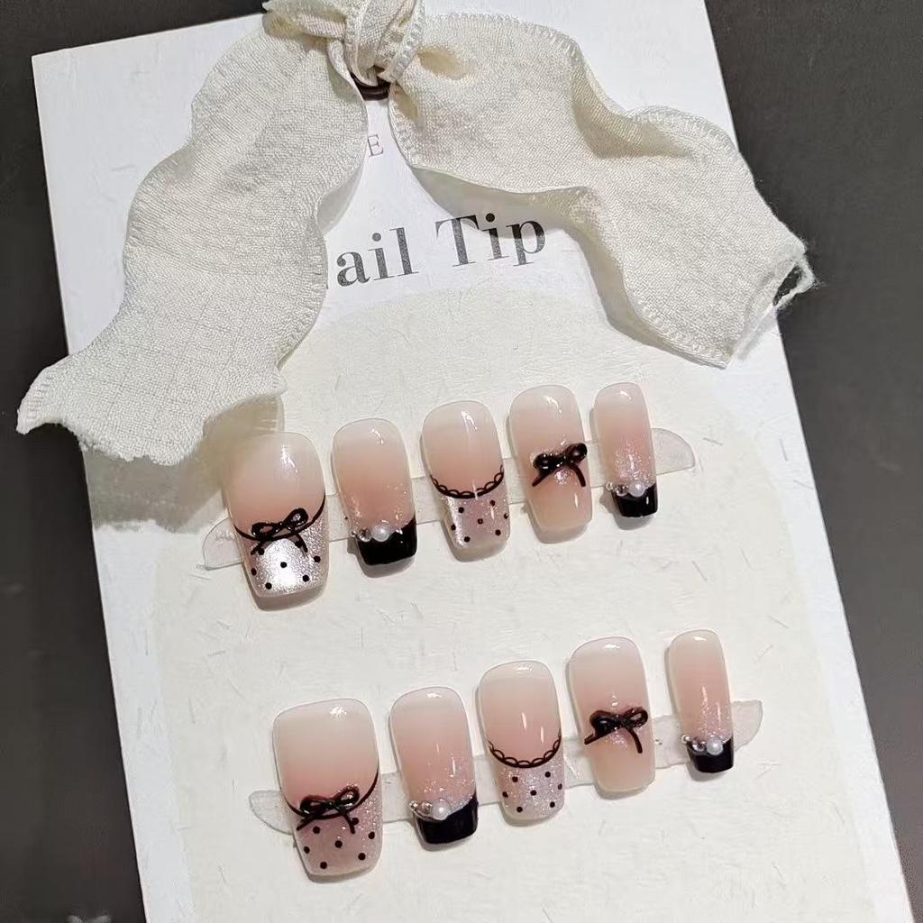 30-Piece Black & White Polka Dot Bow Nails - Short, Cute Design (T042)