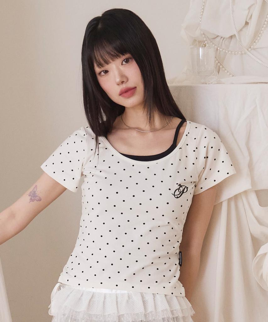 PRENDA Dot Shirring Layered Tee Set Ivory