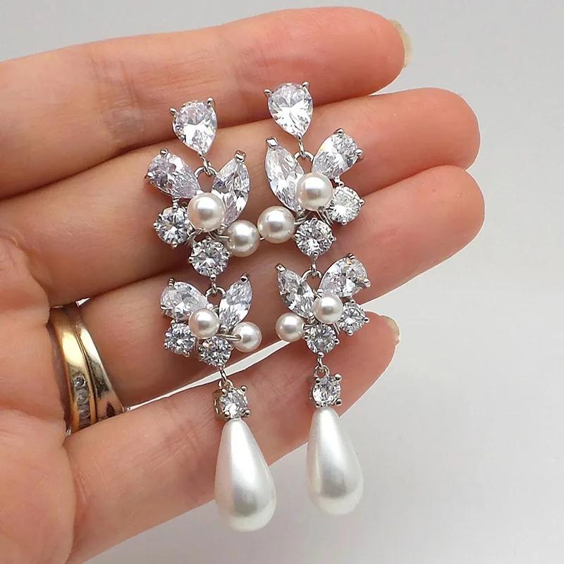 Temperament Imitation Baroque Pearl  Drop Earrings for Women Elegant Shiny Cubic Zirconia Wedding Delicate Jewelry Gifts