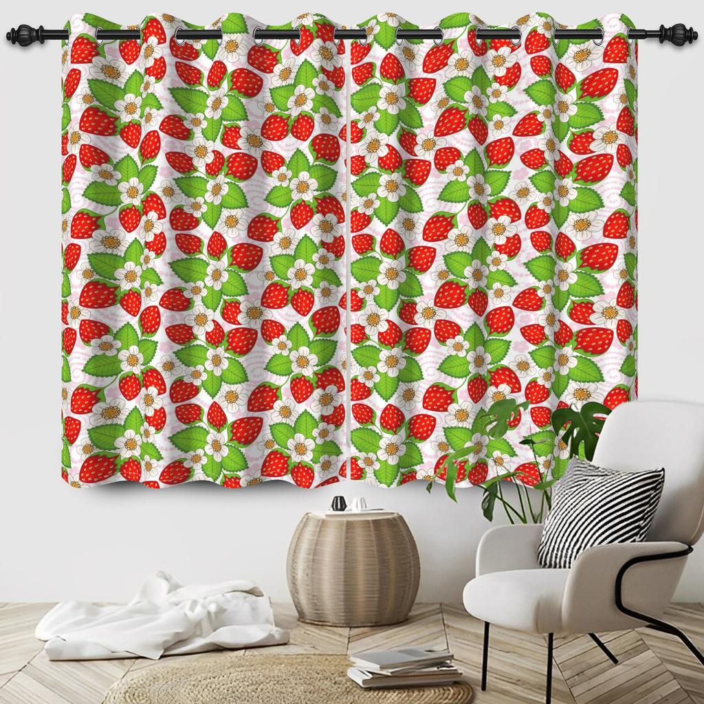 2Pcs Fruit Strawberry Window Curtain Children's Bedroom Blackout Thermal Insulated Room Darkening Noise Reduction Grommet Drapes