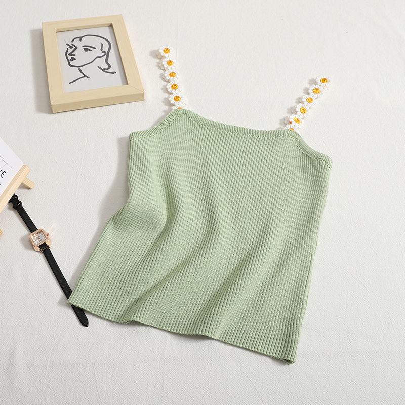 Letni Słodki Kwiatowy Top na Ramiączkach dla Kobiet Dopasowany, Wewnętrzny i Zewnętrzny Krótki Top Dzianinowy dla Studentek