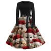 Women's Fashion Round Casual Slim Fit Christmas Print Large Swing Long Sleeve Dress
