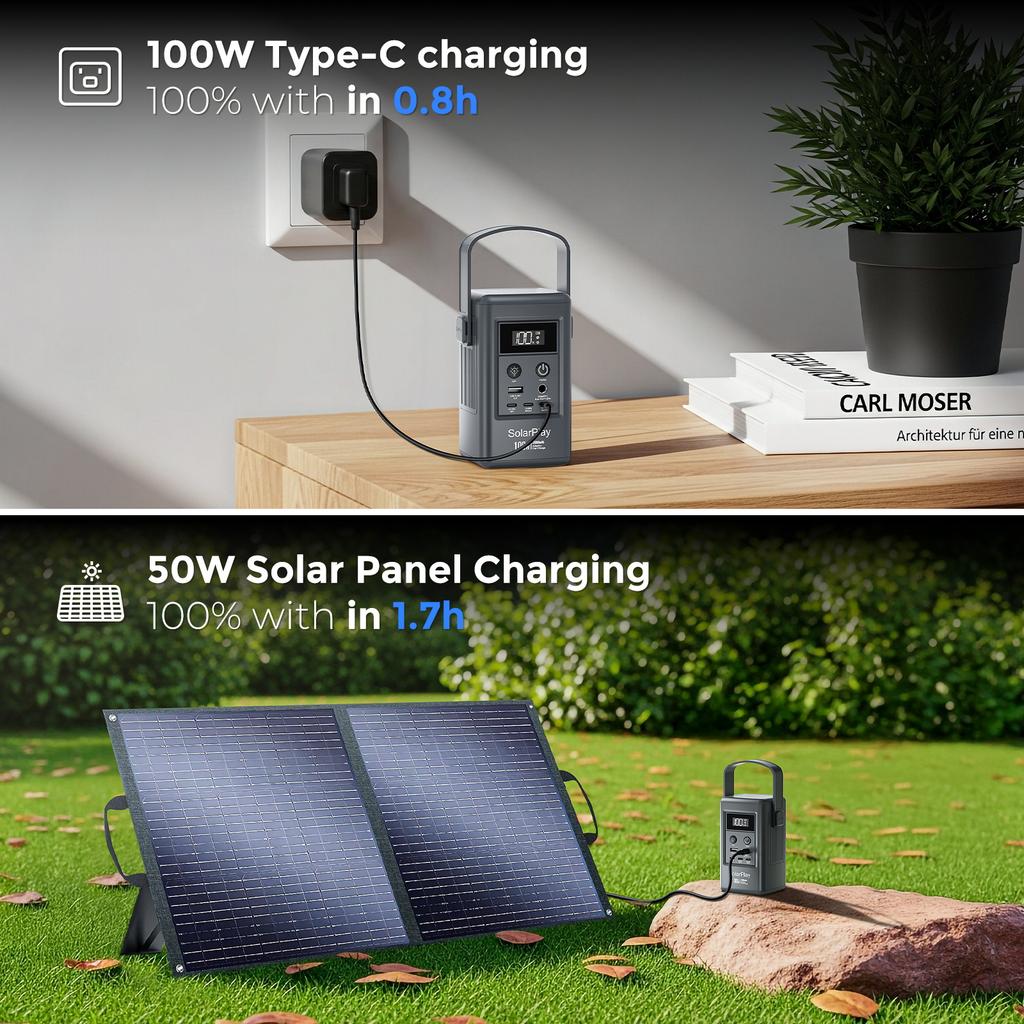 SolarPlay 100W Portable Power Bank 96.2Wh 26000mAh, 5-Port Fast Charging Station, Airline-Approved Mini Solar Generator