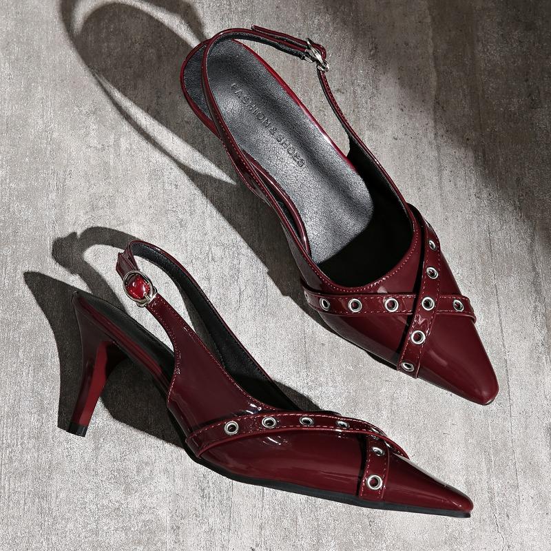Fashion Spring New Baotou Sandals Women's Pointed Head Shallow Mouth Metal Buckle A Word with Anti-slip Wear-resistant High Heels