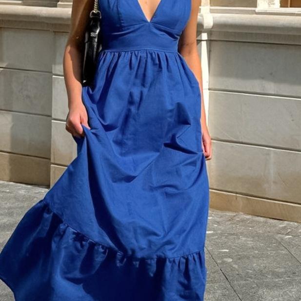 Summer New V-Neck Halter Suspender Sexy Temperament Casual A-Shaped Skirt Long Skirt Women