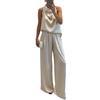 Women 2 Piece Satin Outfits Halter Neck Sleeveless Top And Wide Leg Pants Set Casual Vocation Lounge Set
