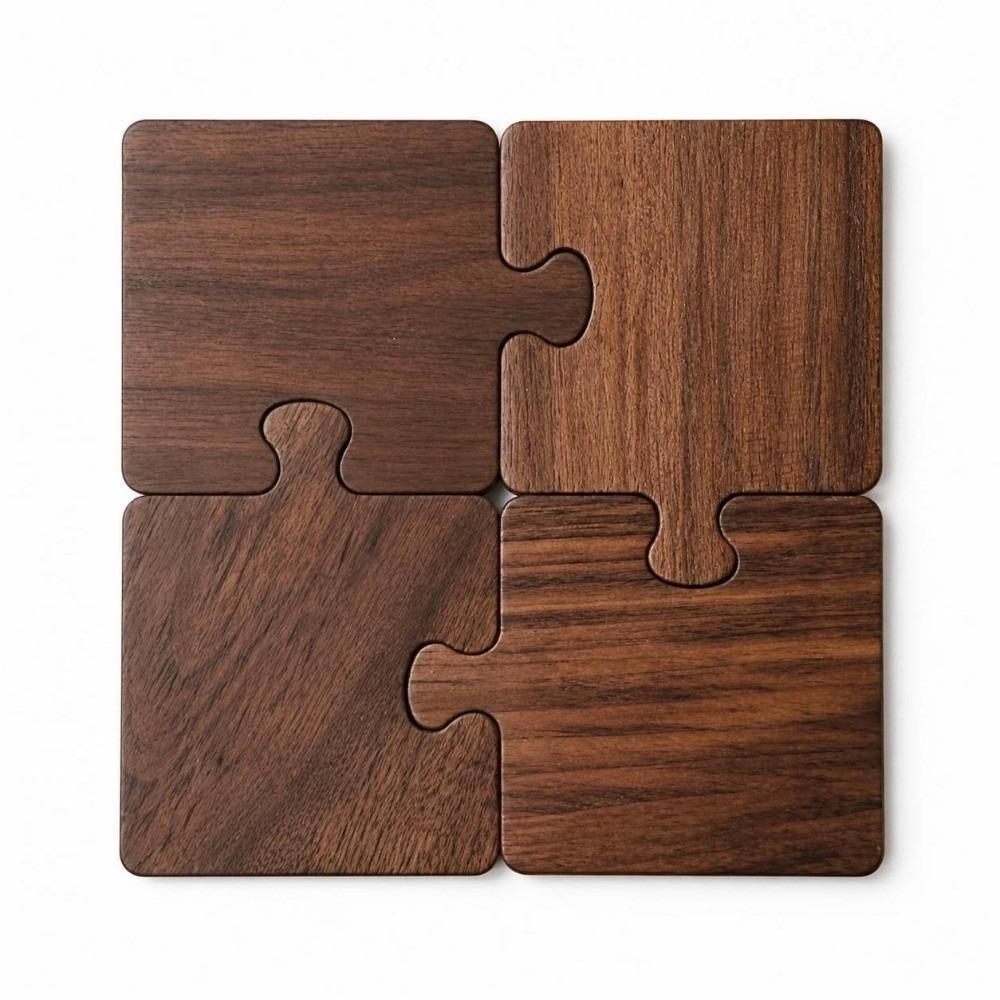 4pcs Heat Resistant Puzzle Coasters Non Slip Tea Cup Mat Creative Wooden Coaster Set  Dining Table