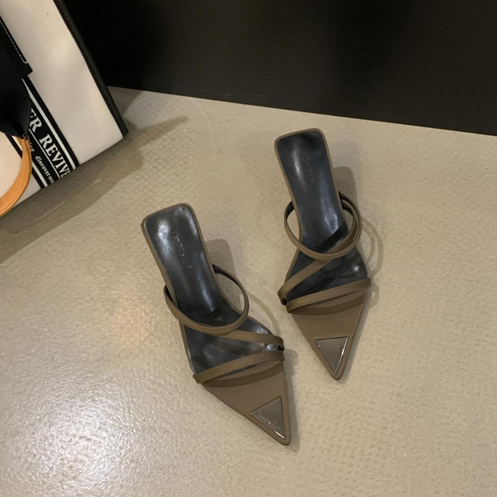 2025 Spring and Autumn New Korean Niche Simple Pointed Cross with Open Toe Thin Heel High Heel Cool Slippers Women