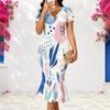 Women Plus Size V Neck Short Sleeve Printed Fitted Fishtail Dress With Pockets