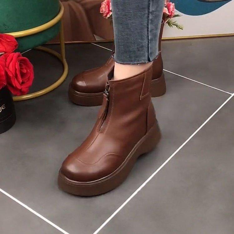 Winter lässige echte weiche Leder Baumwollstiefel dicksohlige Samt Kurzstiefel runde Spitze Gummi weiche Sohle warm Frontreißverschluss