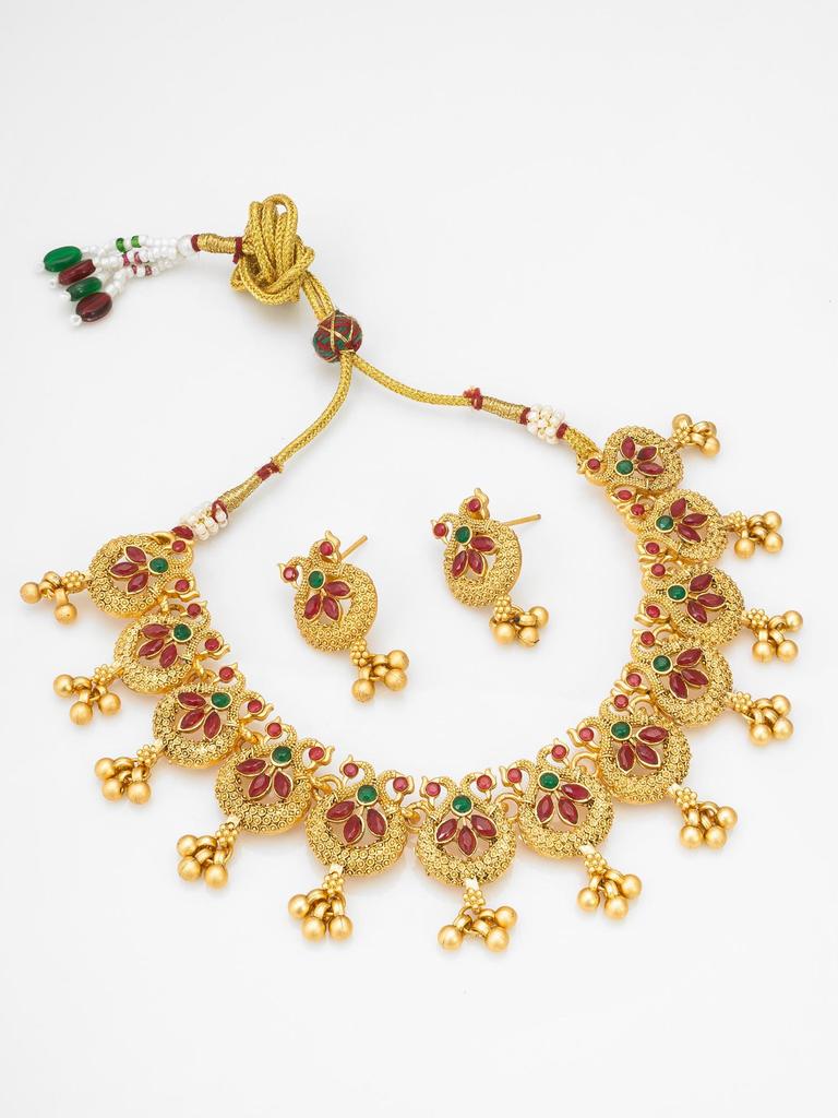 Gold-Plated Maroon Stone-Studded & Beaded Jewellery Set