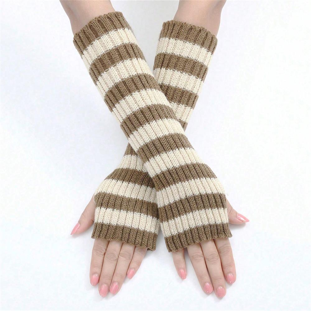 A Pair Women's Fashionable Striped Fingerless Mittens Girls Long Knit Gloves for Warmth Winter Glove