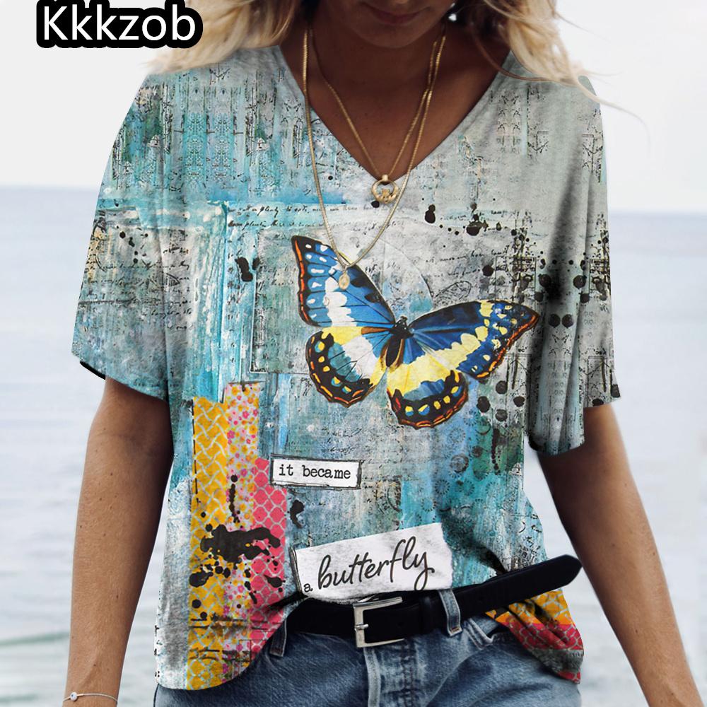 2025 Summer Women's T-Shirt Vintage Butterfly Printcasual Fashion V Neck Pullover Short Sleeve Loose Daily Tops Design Clothing