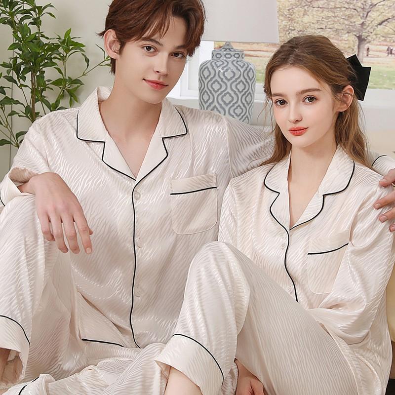 Long Sleeve Silk Pajamas Set Men Women Soft Thin Loungewear Plus Size Sleepwear