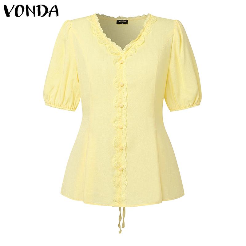 

VONDA Women V Neck Short Sleeve Back Lace-up Crochet Hem Casual Blouse 5XL жовтий