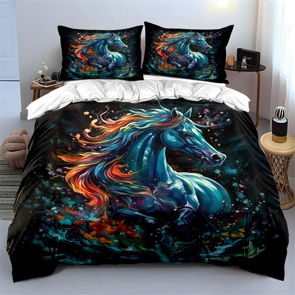 Colorful Horse Canvas Art Set Multiple Sizes Kid'S And Adults' Bedroom Exquisite 3Pc Bedding Set, Gift