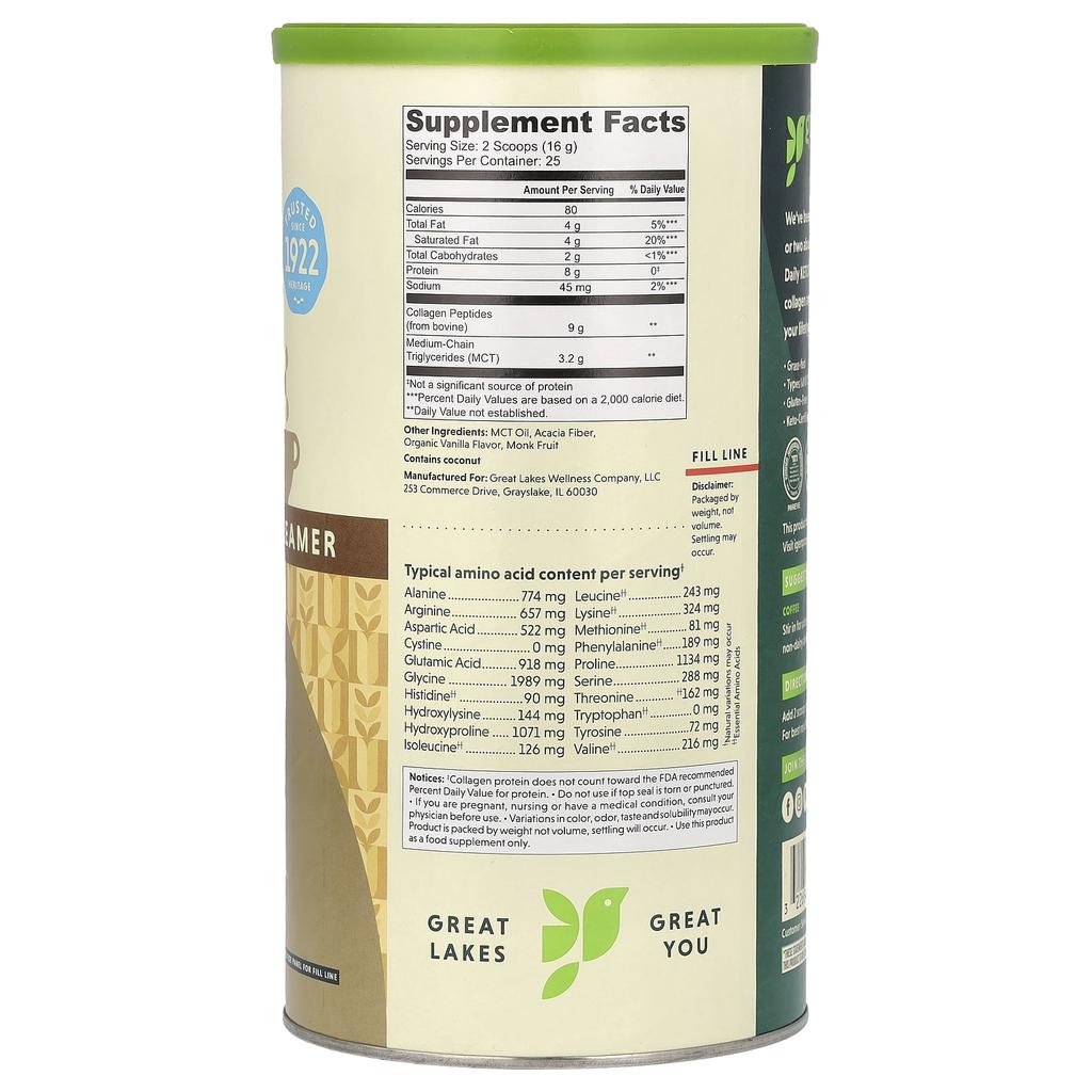 Great Lakes Wellness, Daily Keto Collagen, Non-Dairy Creamer, Vanilla Flavor, 14.1 Oz (400 G)