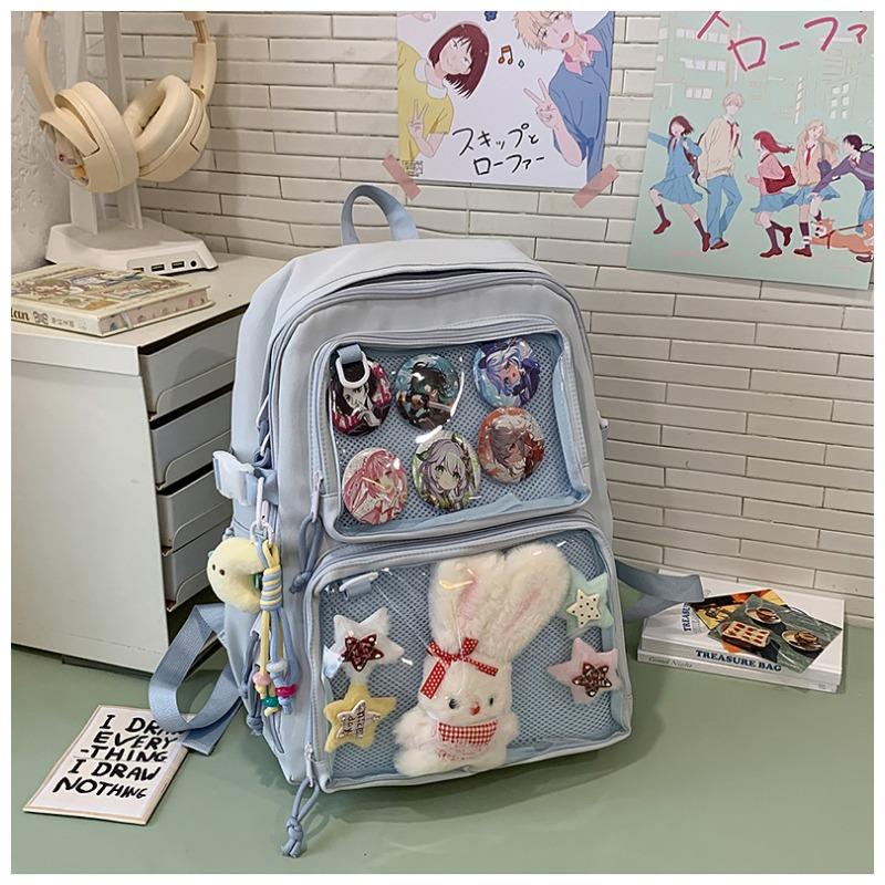 Cartoon Badge Transparent Smug Pain Bag for Female Students, Japanese-style Simple Large-capacity Backpack, Campus-style Schoolbag