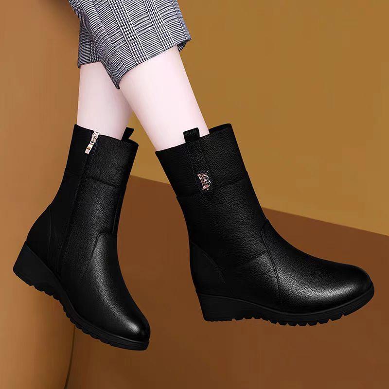 

37 Size Soft-faced Soft-soled Soft Leather Medium Boots Women s Short Boots Winter Velvet Thick-soled Warm Lint Shoes 37