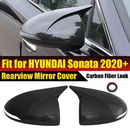 Carbon Fiber Black Rear View Side Mirror Cover Caps Fits Hyundai Sonata 2020-23