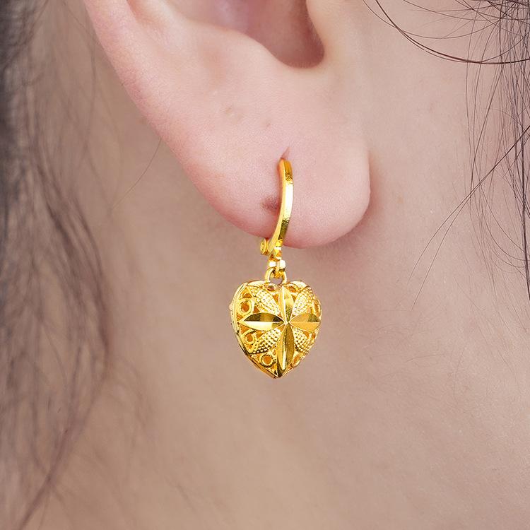 Luxury Genuine Gold Color Love Heart Shape Long Drop Earring for Women Bride Wedding Daily Wear Earring Jewelry Gifts