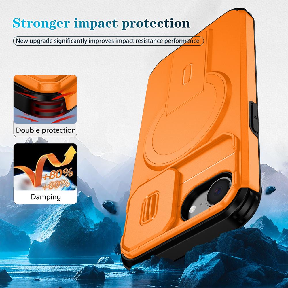 KEYSION Shockproof Armor Magnetic Case for iPhone 16e Silicone+PC Slide Camera Protect Kickstand Wireless Charging Phone Cover