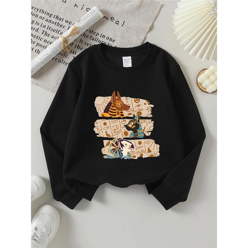 European sizes Girls' Egyptian Gods & Hieroglyphs Hoodie - Soft Round-Neck for Playdates & Parties, Casual Ancient-Themed Wear