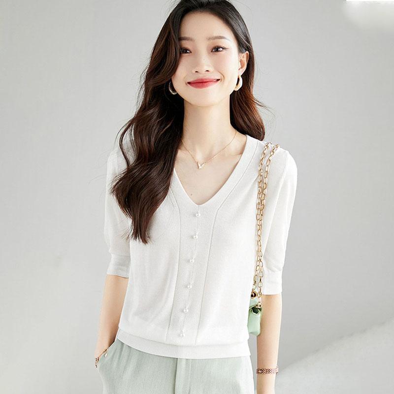 Summer Knitted Sweater Women Half Sleeve V-Neck Knitted Top Thin Loose Pearl Knitted T-shirt