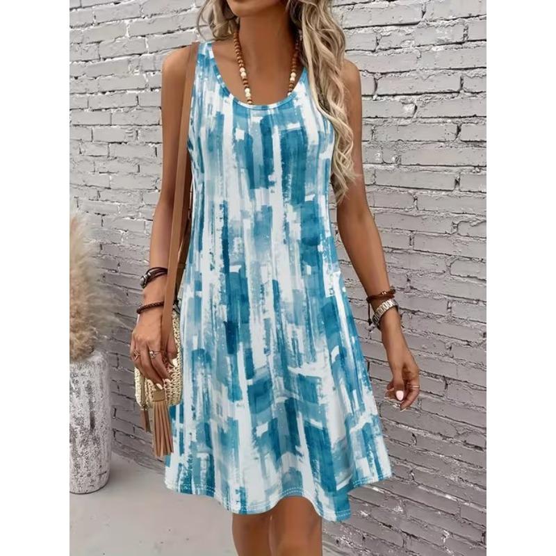 Women's Abstract Pattern Printed Sleeveless Round Neck Dress Loose Soft and Comfortable Plus Size Dress